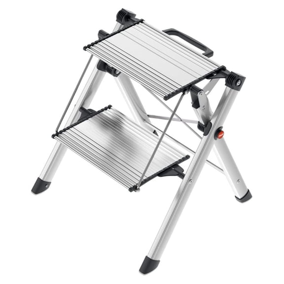 Steel Step Stool MK80 Mini - 330 lb Capacity - Two Step Ladder with Safety Lock & Handle - Portable Folding Stool for Home & Kitchen - Silver