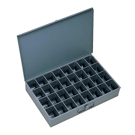 Steel Storage Box, 32 Compartment Organizer - 18x12x3in - Gray Cold Rolled Steel - Individual Parts Box with Handle & Secure Latch