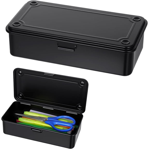 Steel Storage Box with Hinged Lid, 2 Pack Metal Container for Scrapbook Stamps, Rectangular Empty Hinged Tool Box, Metal Storage Organizer for Pegs, Pens, Stationary (8 x 4 x 2 Inch)
