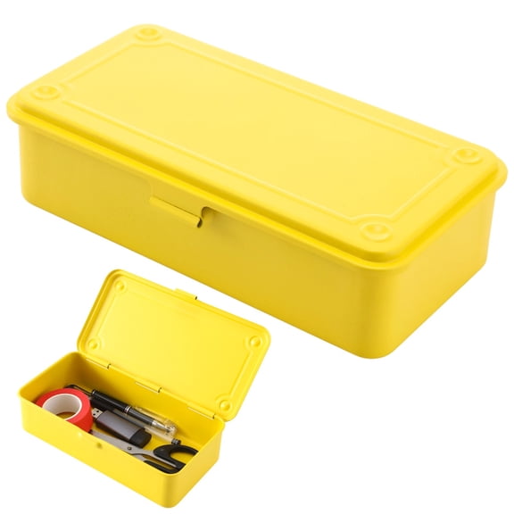 Yellow Steel Storage Box with Hinged Lid, Metal Tool Organizer for Office, Craft, Small Parts Storage