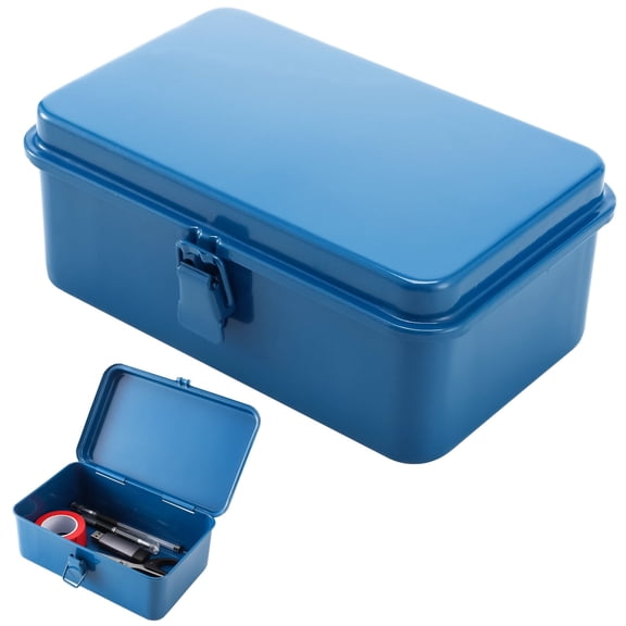 Blue Metal Storage Box with Hinged Lid, 8x5 Inch Small Steel Tool Organizer Box, Heavy Duty Cold Rolled Steel with Toggle Latch for Office Supplies, Stationery, Crafts