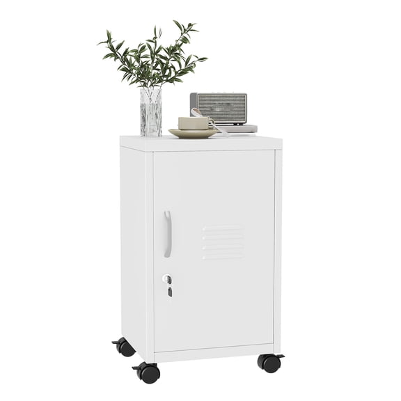 Steel Storage File Cabinet with Lock, Single Door Locker with Adjustable Shelf and Wheels, Secure Locking Organizer for Office, Home, Gym, White