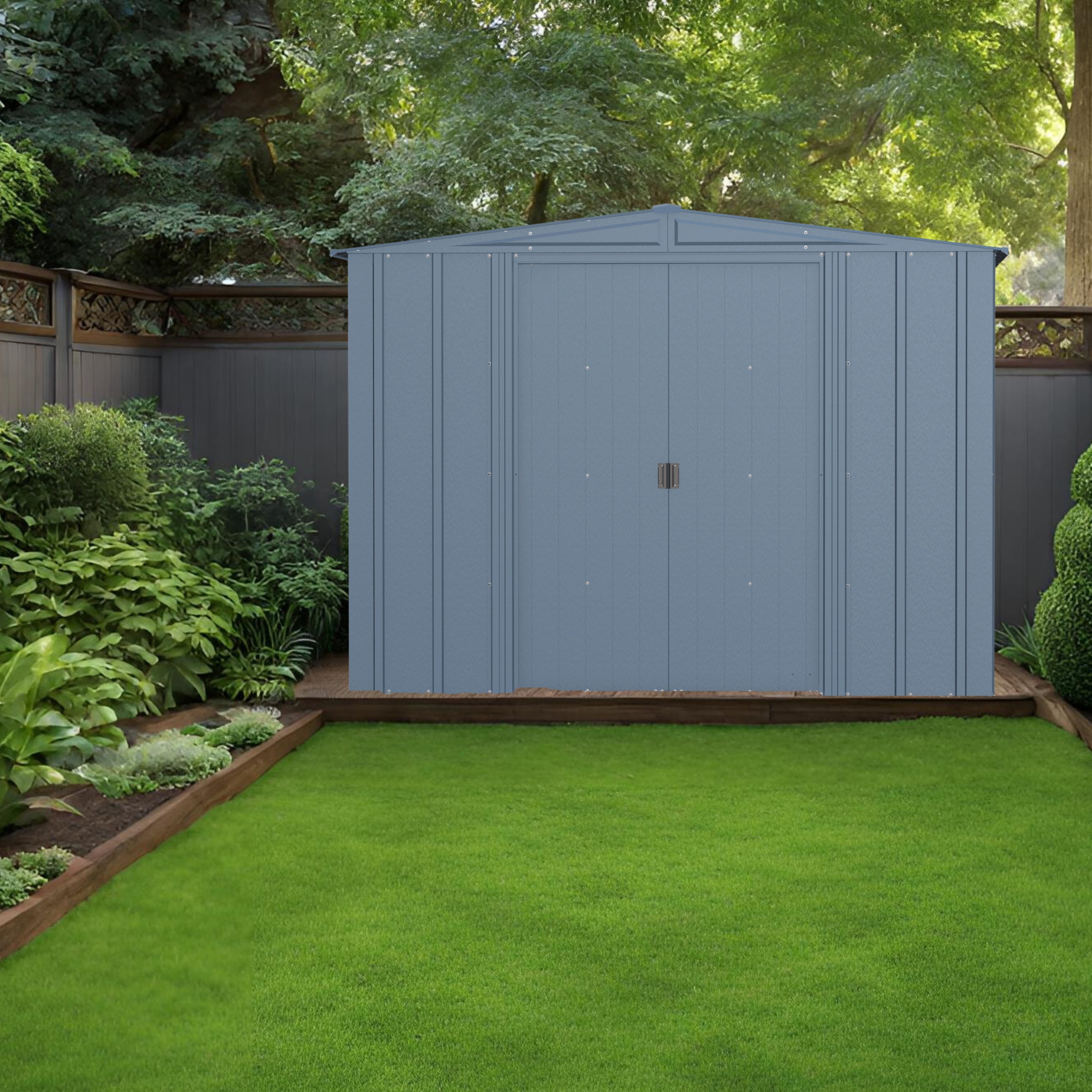Steel Storage Shed - USA-Made with Galvanized Steel, Lockable Sliding Doors, Low Gable Roof - Ideal for Landscaping Tools, Lawn Mowers, Gardening Supplies, and Backyard Storage (Blue, 8x7)