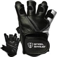 thumbnail image 1 of Steel Sweat Adjustable Wrist Closure Real Leather Weight Lifting Gloves Unisex Black, S, 1 of 10