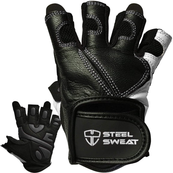 Steel Sweat Adjustable Wrist Closure Real Leather Weight Lifting Gloves Unisex Black, S