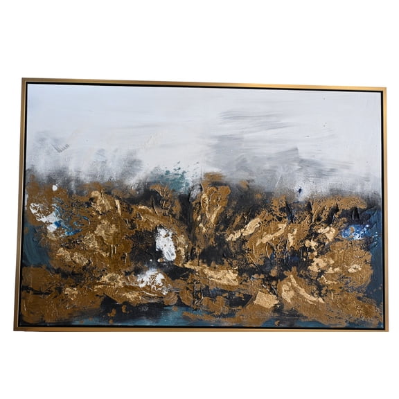 Steel Symphony Abstract Canvas Painting Gold Teal Framed 41"x61"