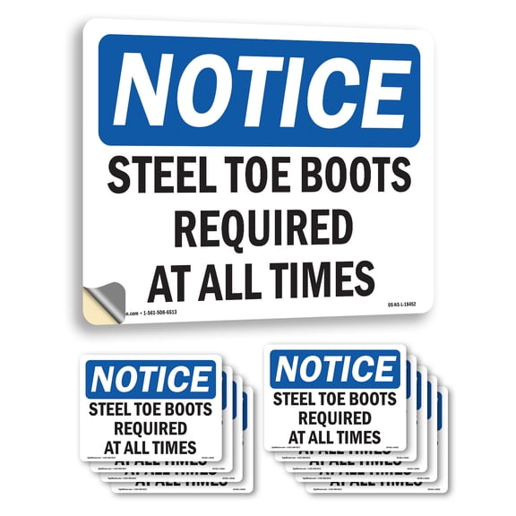 Steel Toe Boots Required At All Times OSHA Notice Vinyl Decal Label 14 Inch x 10 Inch - 10 Pack