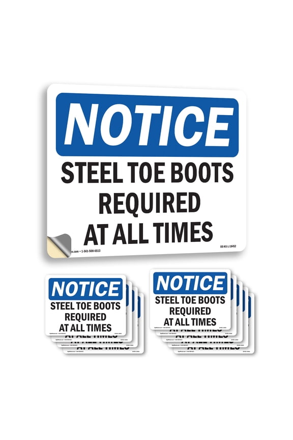 Steel Toe Boots Required At All Times OSHA Notice Vinyl Decal Label 14 Inch x 10 Inch - 10 Pack