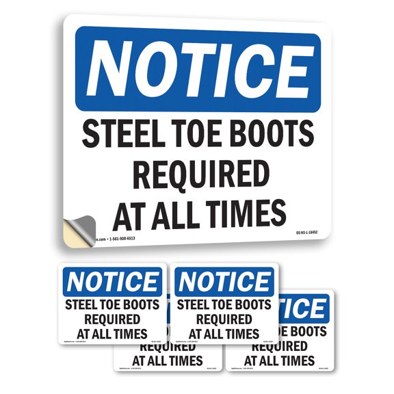 Steel Toe Boots Required At All Times OSHA Notice Vinyl Decal Label 5 Inch x 3.5 Inch - 5 Pack