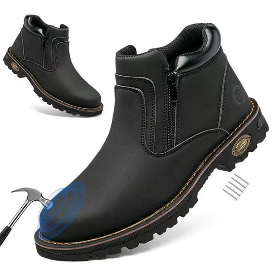 Steel Toe Boots for Men Industrial Construction Anti-puncture Double Sided Zipper Work Safety Shoes Non-Slip Waterproof Hiking Shoes