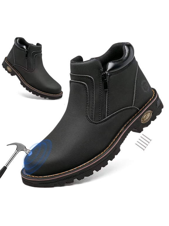Steel Toe Boots for Men Industrial Construction Anti-puncture Double Sided Zipper Work Safety Shoes Non-Slip Waterproof Hiking Shoes