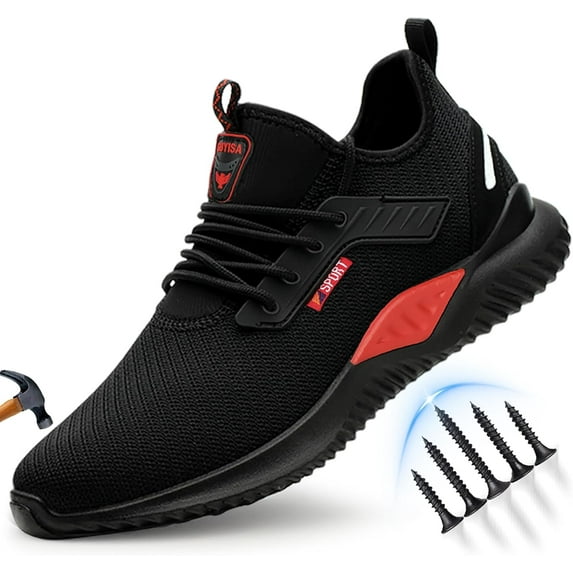 Steel Toe Shoes for Men Lightweight Mens Work Shoes Comfortable Safety Toe Shoes for Men Work Sneakers Slip On Steel Toe Tennis Shoes for Construction Black-red