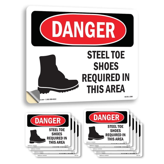 Steel Toe Shoes Required In This Area OSHA Danger Vinyl Decal Label 14 Inch x 10 Inch - 10 Pack