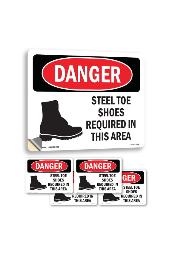 Steel Toe Shoes Required In This Area OSHA Danger Vinyl Decal Label 18 Inch x 12 Inch - 5 Pack