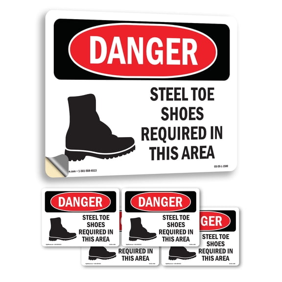 Steel Toe Shoes Required In This Area OSHA Danger Vinyl Decal Label 5 Inch x 3.5 Inch - 5 Pack