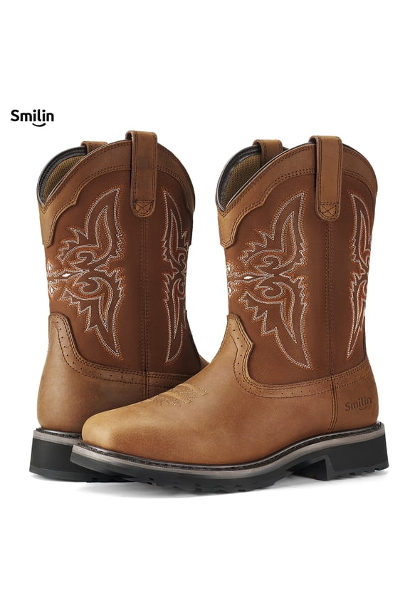 Steel Toe Work Western Cowboy Boot for Men,Brown,US Size 9