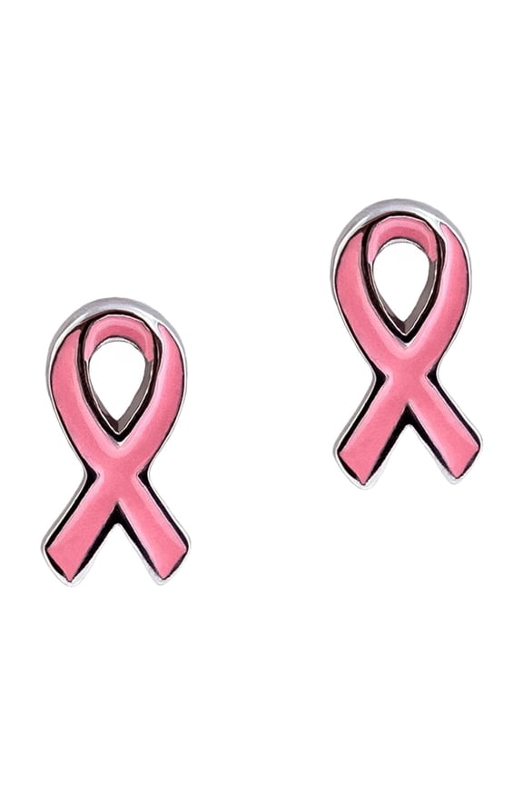 Steel Tone Pink Epoxy Breast Cancer Awareness Ribbon Earrings