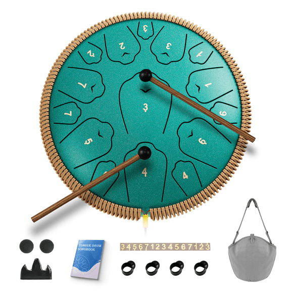 Steel Tongue Drum, 13 Inch 15 Notes Tongue Drums, C Major Drum Percussion Instruments, Handpan Drums with Music Book, Drum Mallets and Carry Bag (Malachite Green)