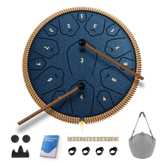 Steel Tongue Drum, 13 Inch 15 Notes Tongue Drums, C Major Drum Percussion Instruments, Handpan Drums with Music Book, Drum Mallets and Carry Bag (Navy Blue)