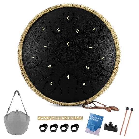 Steel Tongue Drum-14" 15 Note Tongue Pan Drums for Adults, D Major, Carry Bag, Black