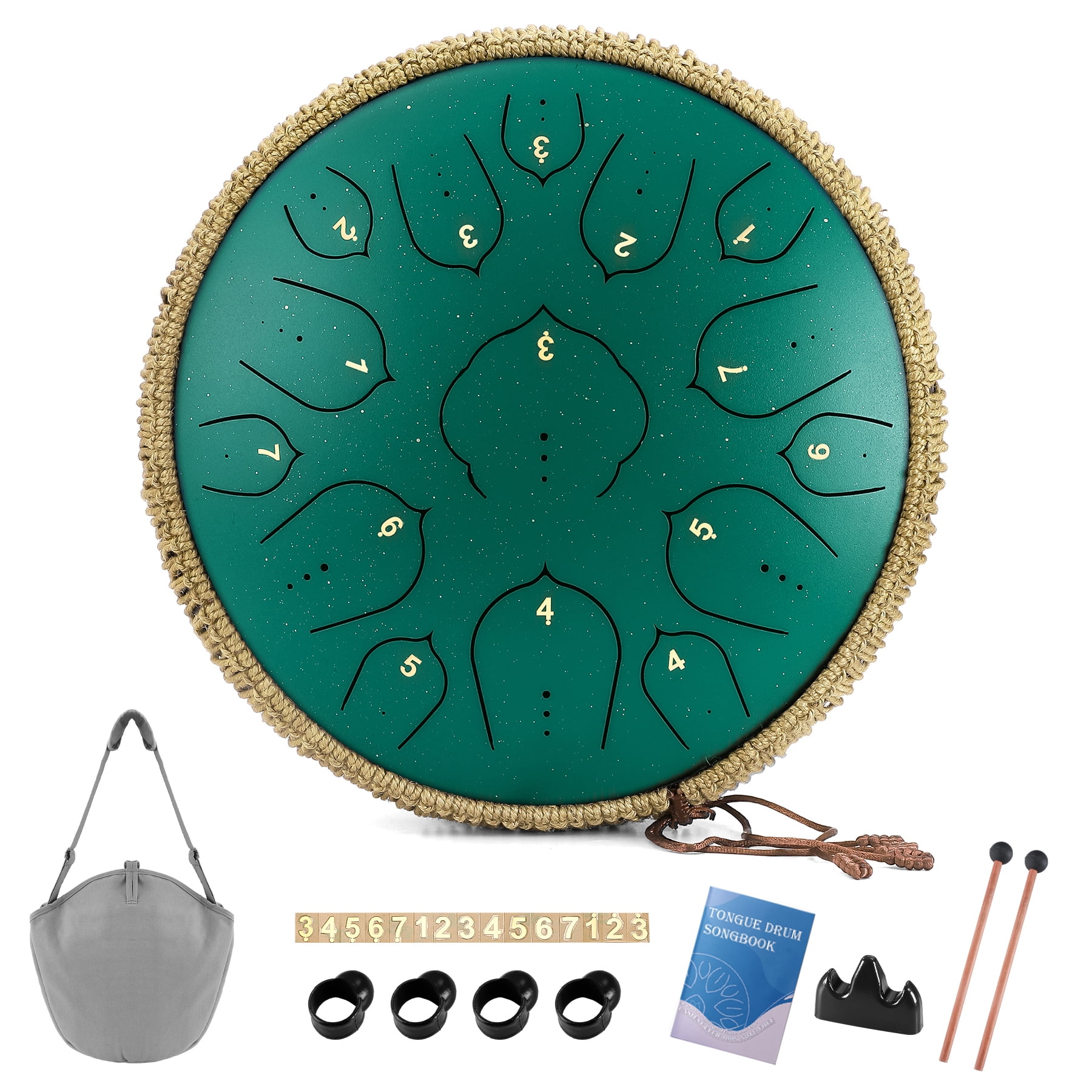 Steel Tongue Drum-14" 15 Note Tongue Pan Drums for Adults, D Major, Carry Bag, Green