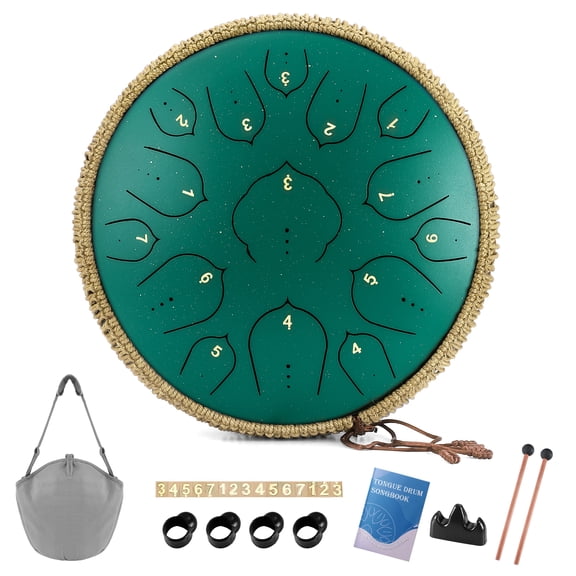 Steel Tongue Drum-14" 15 Note Tongue Pan Drums for Adults, D Major, Carry Bag, Green