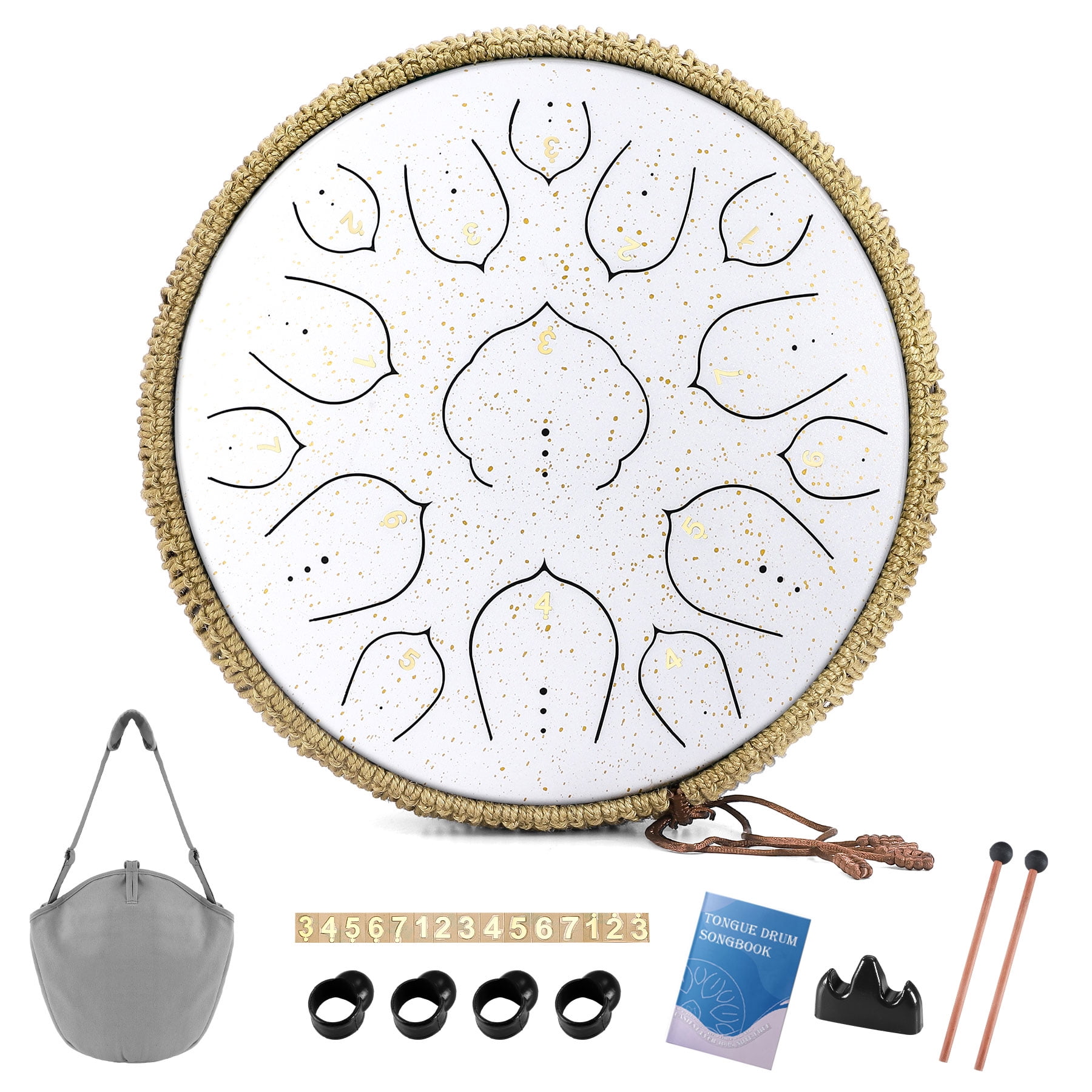 Steel Tongue Drum-14" 15 Note Tongue Pan Drums for Adults, D Major, Carry Bag, White