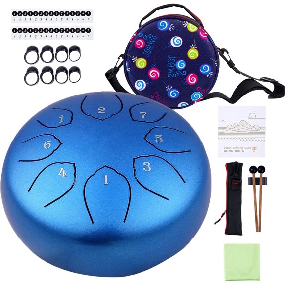 Steel Tongue Drum Kids Instrument: Musical Metal Tank Drums Set 6 Inch 8 Notes C-Key for Meditation Yoga Education Percussion with Bag, Music Book, Mallets, Finger Picks(Blue)