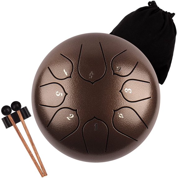 Steel Tongue Drum Rain Chime, 8 Notes 6 inch Rain Drum for Outside When It Rains, Chakra Drum with Bag, Mallets, Finger Picks, Percussion Instrument for Meditation Yoga Education (Brown)