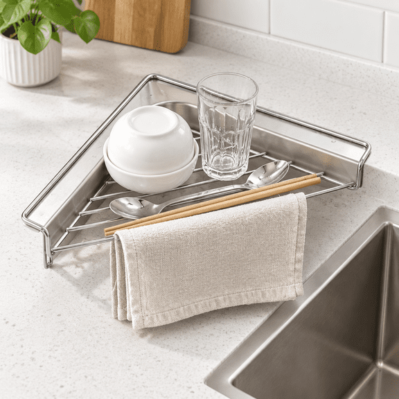 Steel Triangle Sink Corner Dish Drying Rack Kitchen Organizer