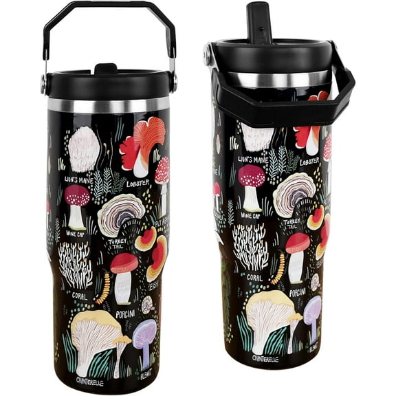 Steel Tumbler with Straw Vertical Handle Ice Flow Flip Tumbler 30 oz, Mushroom Tumbler Insulated Water Bottle Easy for Carry, Good for Home/Office, Better for Travel/Car/Camp