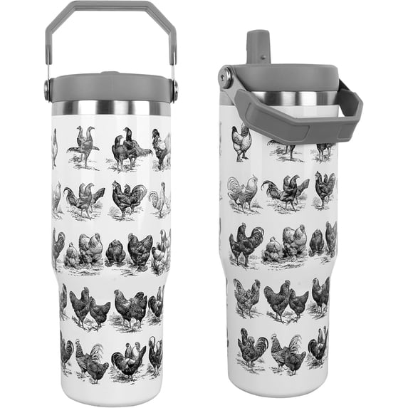 Steel Tumbler with Straw Vertical Handle Ice Flow Flip Tumbler 30 oz, Chicken Tumbler Insulated Water Bottle Easy for Carry, Good for Home/Office, Better for Travel/Car/Camp