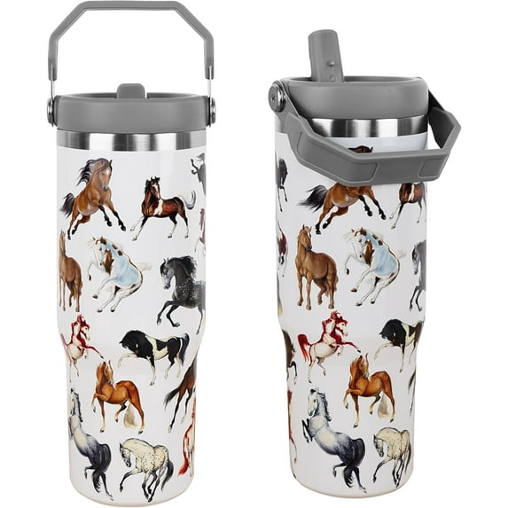 30 oz Horse Tumbler with Straw Handle, Vintage Gifts for Women Men Horse Lover, Stainless Steel Insulated Water Bottle Coffee Cups for Home Office Travel(Colorful)