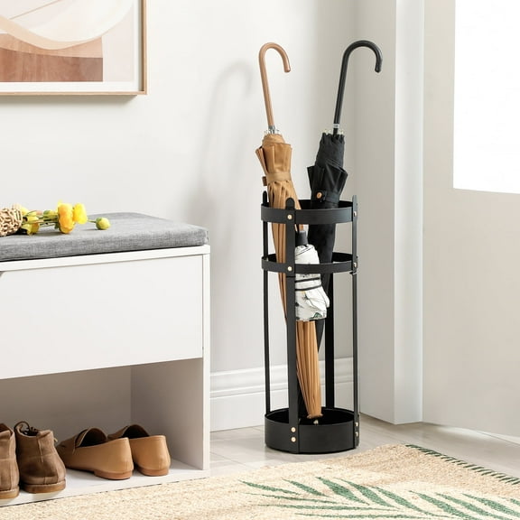 Steel Umbrella Stand with Drip Tray, 21.7 Inch Round Umbrella Holder with 4 Hooks, Freestanding Organizer for Entryway Office, Matte Black