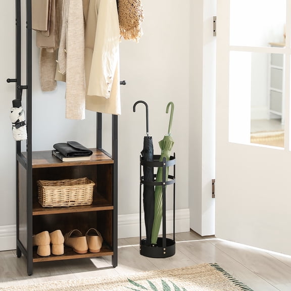 SONGMICS Steel Umbrella Stand with Drip Tray - 4-Hook Organizer for Entryway, Rust-Resistant, Multi-Purpose Storage, Matte Black