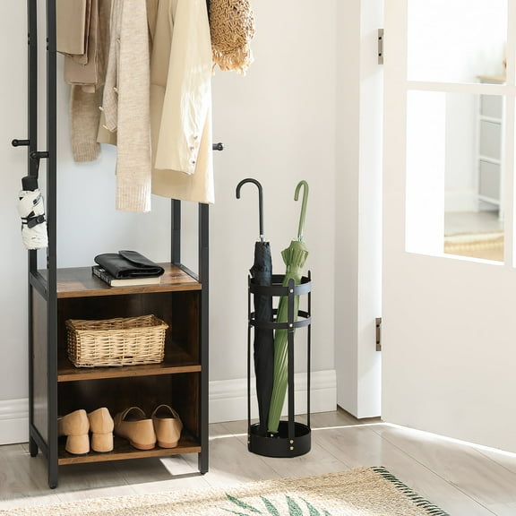 Steel Umbrella Stand with Drip Tray - 4-Hook Organizer for Entryway, Rust-Resistant, Multi-Purpose Storage, Matte Black