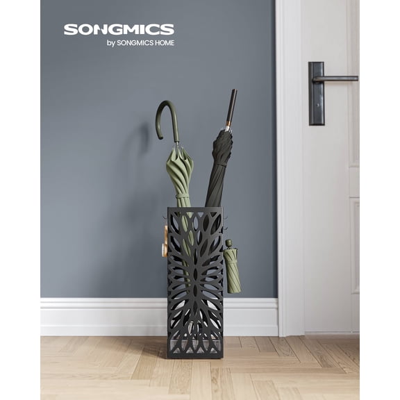 SONGMICS Umbrella Stand, Umbrella Holder for Entryway, Steel Square Umbrella Rack Organizer Freestanding, for Canes Walking Sticks, with a Detachable Drip Tray, 4 Hooks, Black