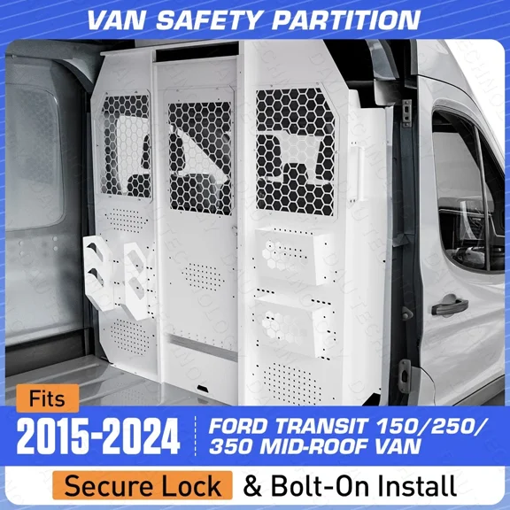Steel Van Partition Bulkhead Compatible with 2015-2024 Ford Transit 150 250 350 Mid Roof Van, Cargo Divider with Acrylic Window, Lockable Door & Storage Rack,White