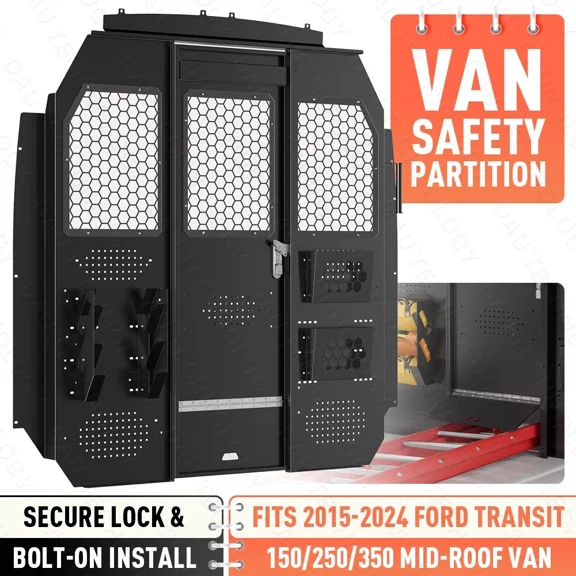 Steel Van Partition Bulkhead Compatible with 2015-2024 Ford Transit 150 250 350 Mid Roof Van, Cargo Divider with Acrylic Window, Lockable Door & Storage Rack