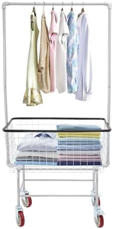 Steel Wire Laundry Cart, Commercial Rolling Laundry Basket with 4 Wheels, Heavy Duty Pushcart Basket with Hanging Rack & Removable Cart, Washing Hamper Trolley for Homes, Hotels, Bathrooms