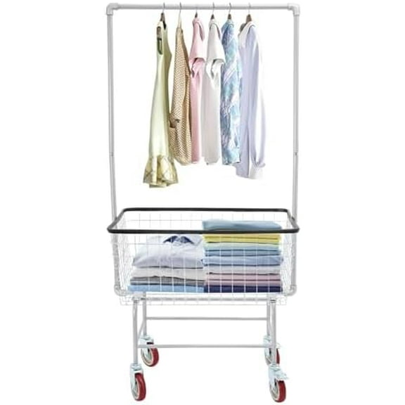 Steel Wire Laundry Cart, Commercial Rolling Laundry Basket with 4 Wheels, Heavy Duty Pushcart Basket with Hanging Rack & Removable Cart, Washing Hamper Trolley for Homes, Hotels, Bathrooms