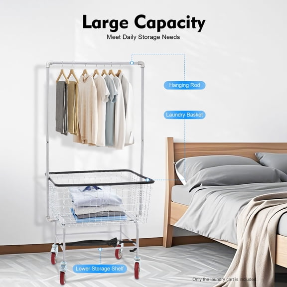 Steel Wire Laundry Cart, Commercial Rolling Laundry Hamper Basket Cart Metal laundry basket with Wheels & Wire Storage Rack and Hanging Rack Wire Basket Cart for Laundry