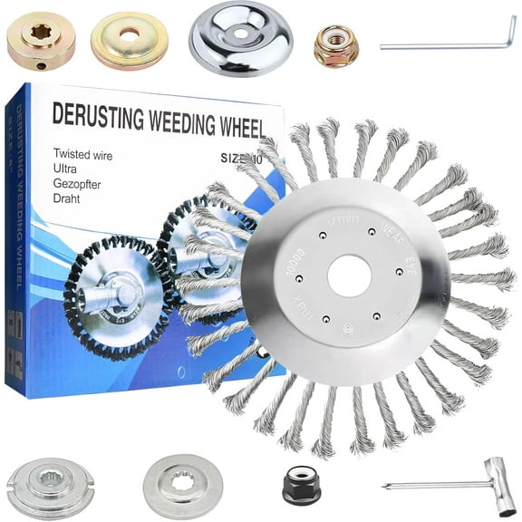10 inch Steel Wire Weed Wheel Brush Cutter Trimmer Head, Universal Weed Eater Attachments, Unbreakable Wired Trimmer Blade Replacement with 2 Pack of Adapters kit for Weed Wacker
