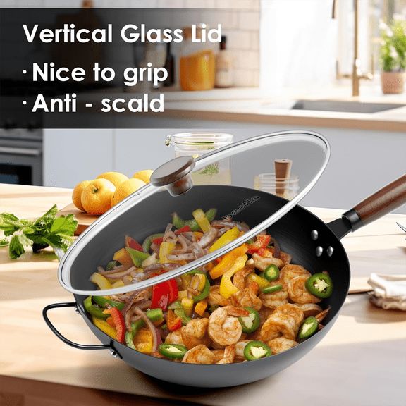 Steel Wok Pan, 11.8-inch/12.6-inch/13.4-inch Stir Fry Pans Chinese Wok Flat bottom Iron wok for Induction, Electric, Gas, Halogen All Stoves Ideal for Stovetop Cooking (13.4-inch)