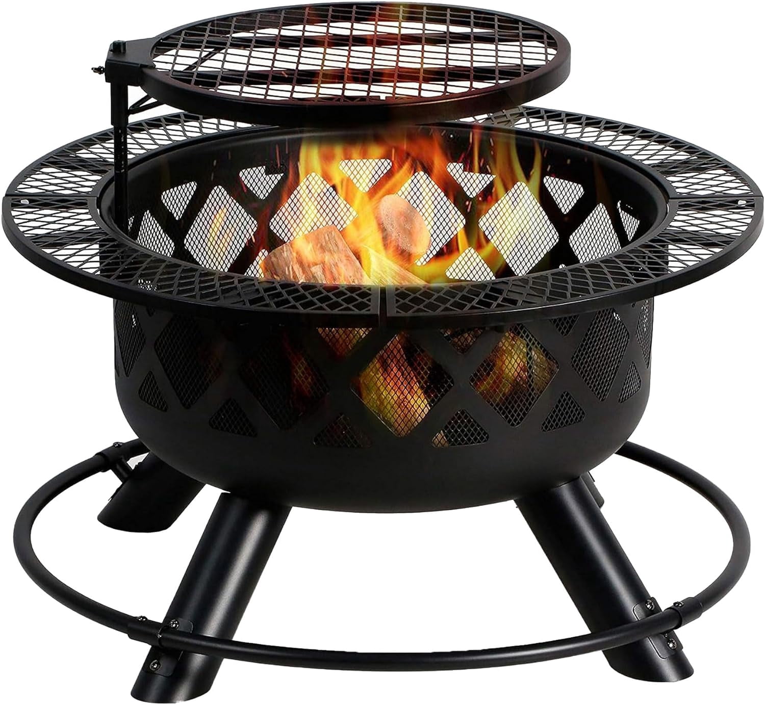 Steel Wood Burning Round Outdoor Backyard Patio Fireplace With Removable 360 Degree Swivel