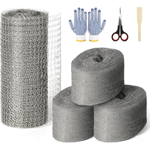 Steel Wool Mice Control, 3 Pack 2.75"*11.5FT Steel Wool & 1 Pack 5"*15FT Steel Mesh, Mouse Traps Fill Fabric DIY Kit, Hardware Cloth Gap Blocker Mouse Rat Rodent Control for Holes, Wall Cracks, Vents