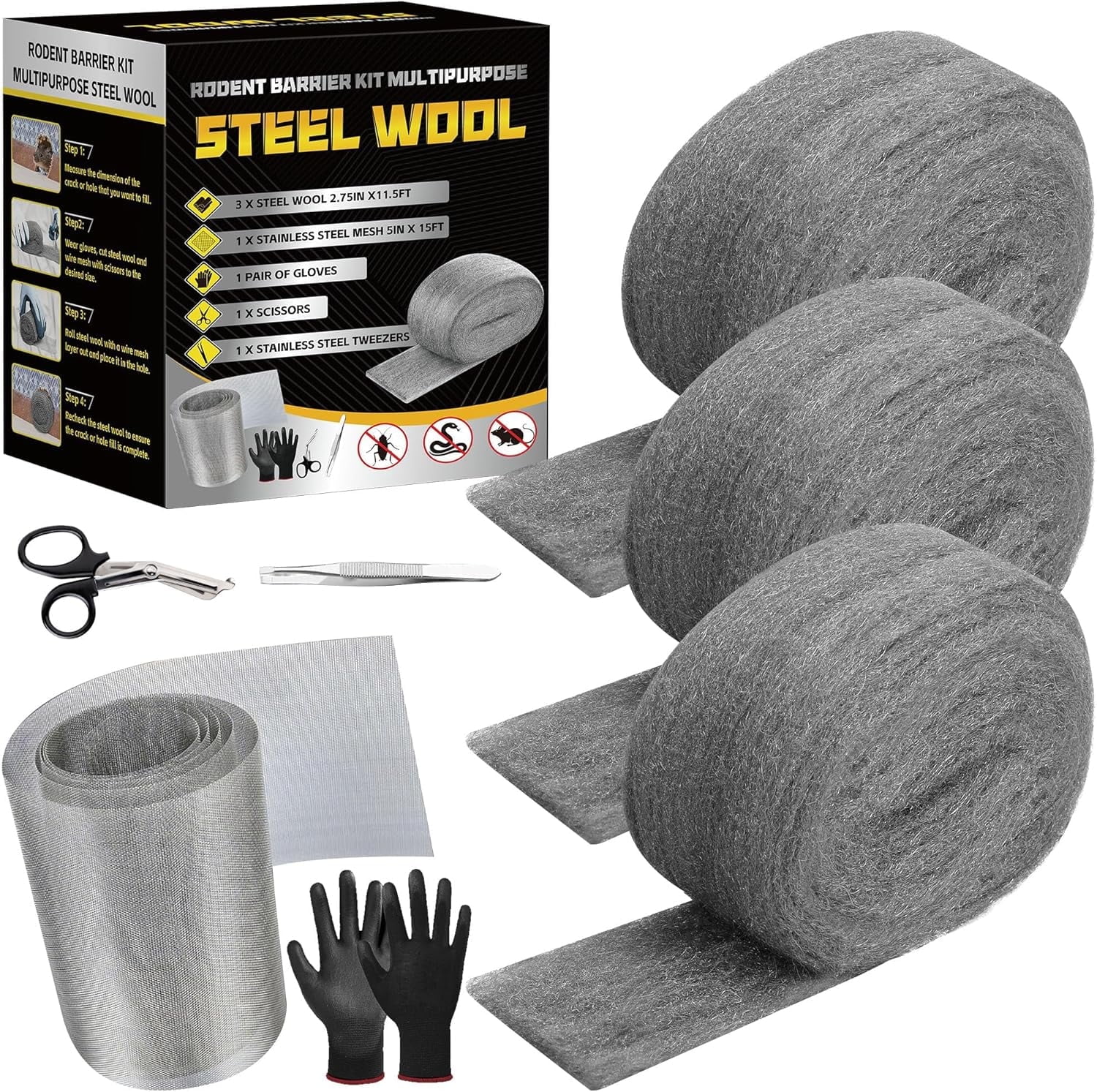 Steel Wool Mice Fabric Roll Contro L - 3 Pcs Steel Wool 0000 & 1 Pcs Wire Mesh with Metal Tweezers, Gloves & Scissors, Steel Wool & Wire Mesh Fill Hole for Mice, Mouse Hole Filler for House Garden