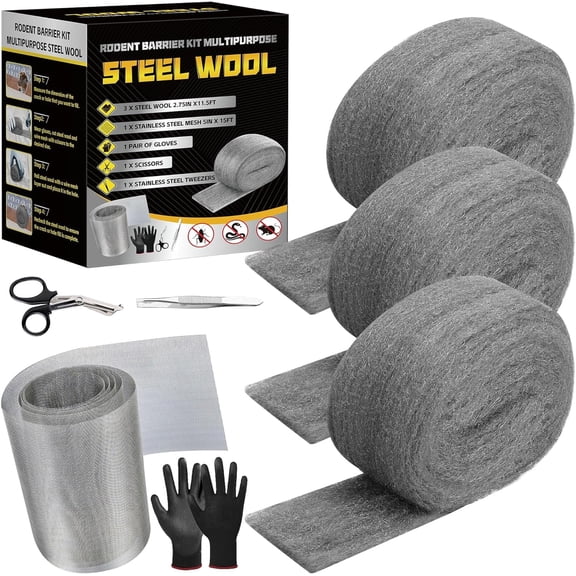 Steel Wool Mice Fabric Roll Contro L - 3 Pcs Steel Wool 0000 & 1 Pcs Wire Mesh with Metal Tweezers, Gloves & Scissors, Steel Wool & Wire Mesh Fill Hole for Mice, Mouse Hole Filler for House Garden