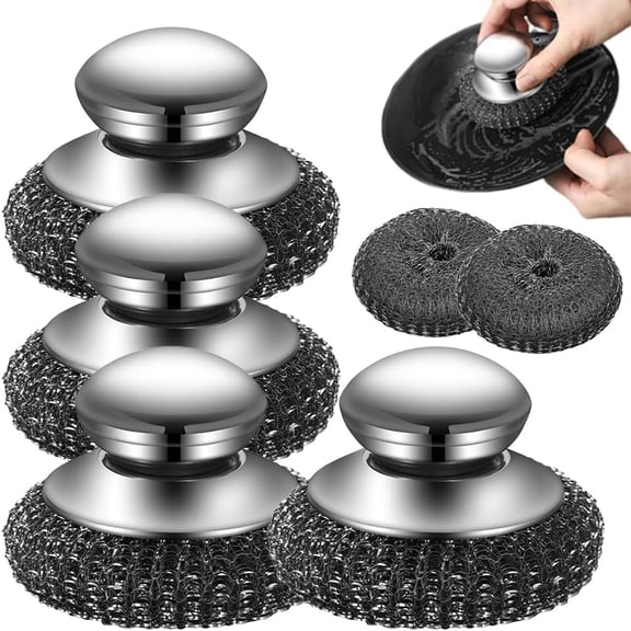 Steel Wool Scrubber, 2025 New Stainless Steel With 2pcs Replacement Wire Pads, Detachable Metal Scrubber for Cleaning Dishes, Iron Pots, Stoves, Wash Sink (4)