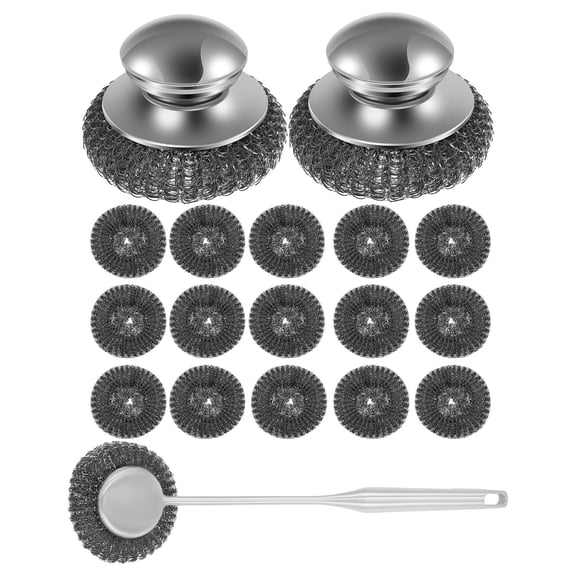 Steel Wool Scrubber Ergonomic Stainless Steel Scrubber Long Handle Steel Scrubber Pot Cleaning Steel Scrubber with 15 Replacement Wire Pad Deep Cleaning Steel Scrubber for Dish Pot